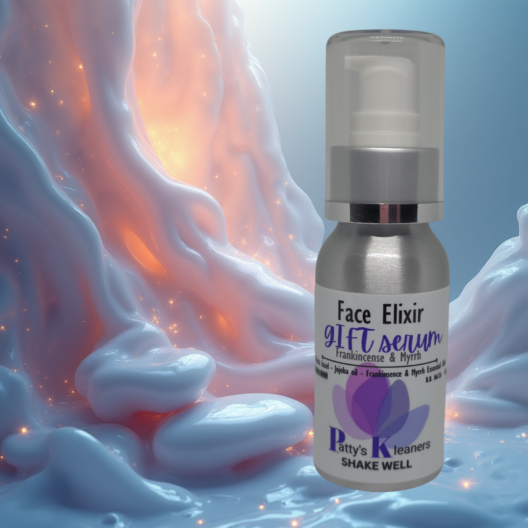 Bottle of 'Face Elixir' Gift Serum with a colorful, abstract background