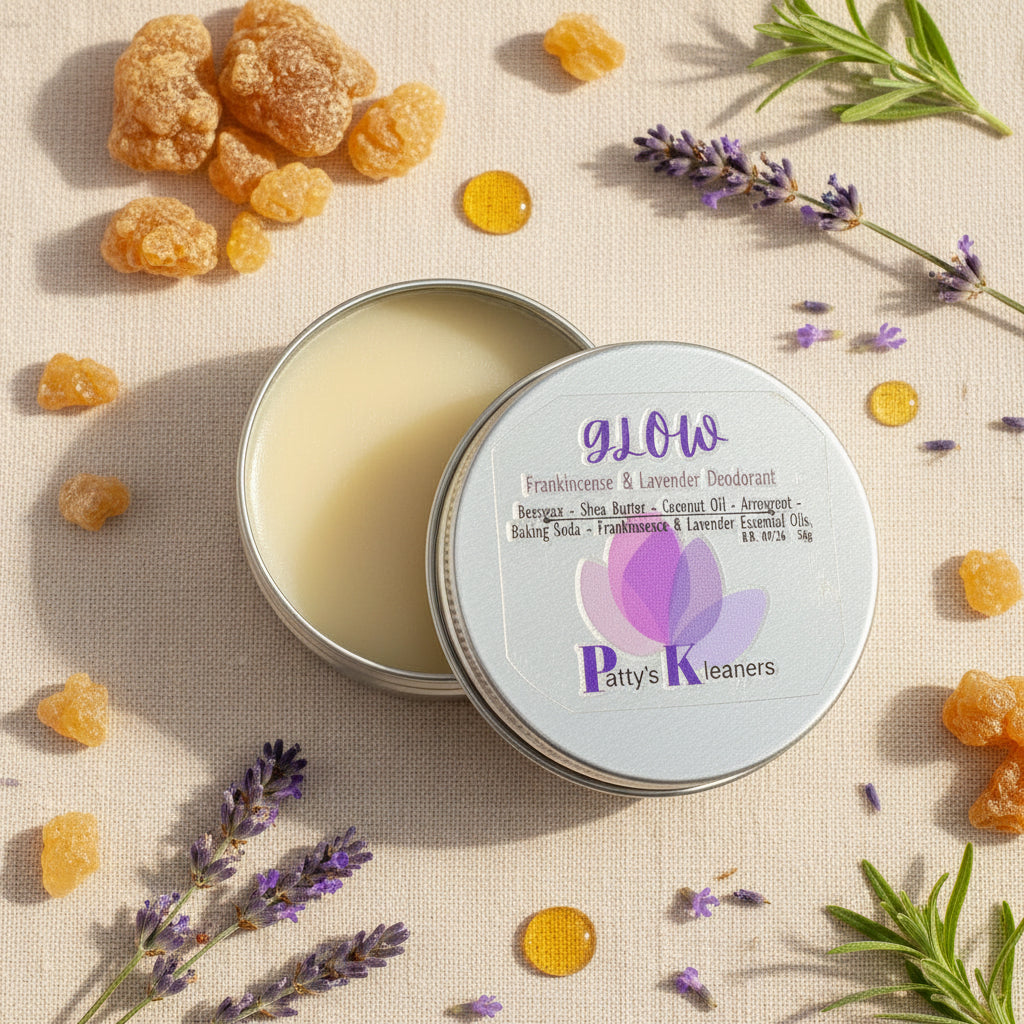 Open tin of Patty's Kleaners Glow Frankincense & Lavender Deodorant on fabric