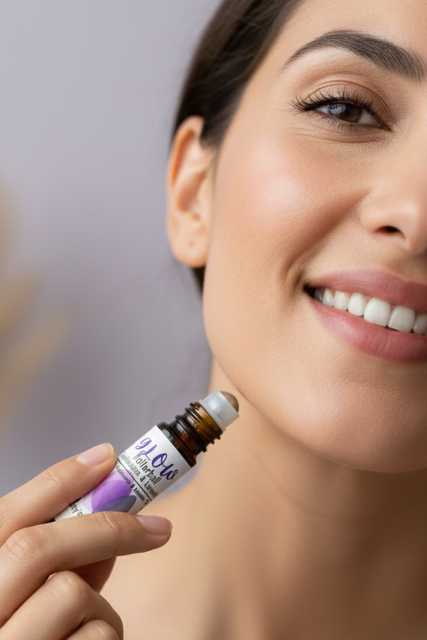 Woman holding pattys kleaners rollerball near her neck against a neutral background