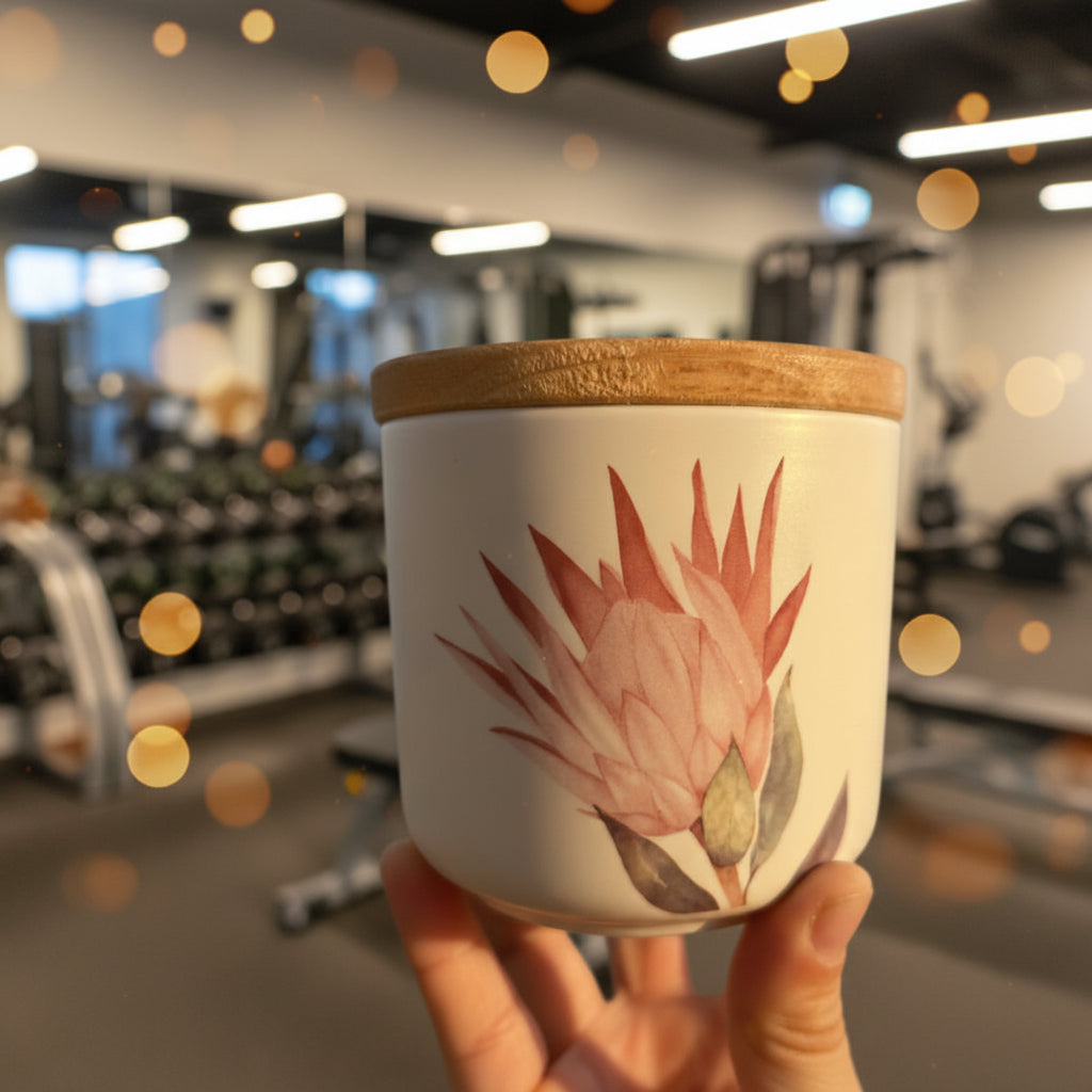 A hand holding a white ceramic jar with a light wood lid, decorated with a pink and red protea flower illustration, set against a blurred gym background